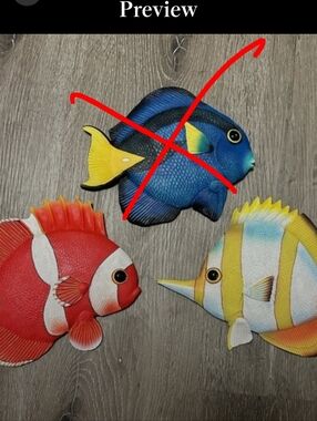 Set of 2 Chalkware Plaster FISH Wall Hangings 8x7 2001 Clown Sword & Blue Fish